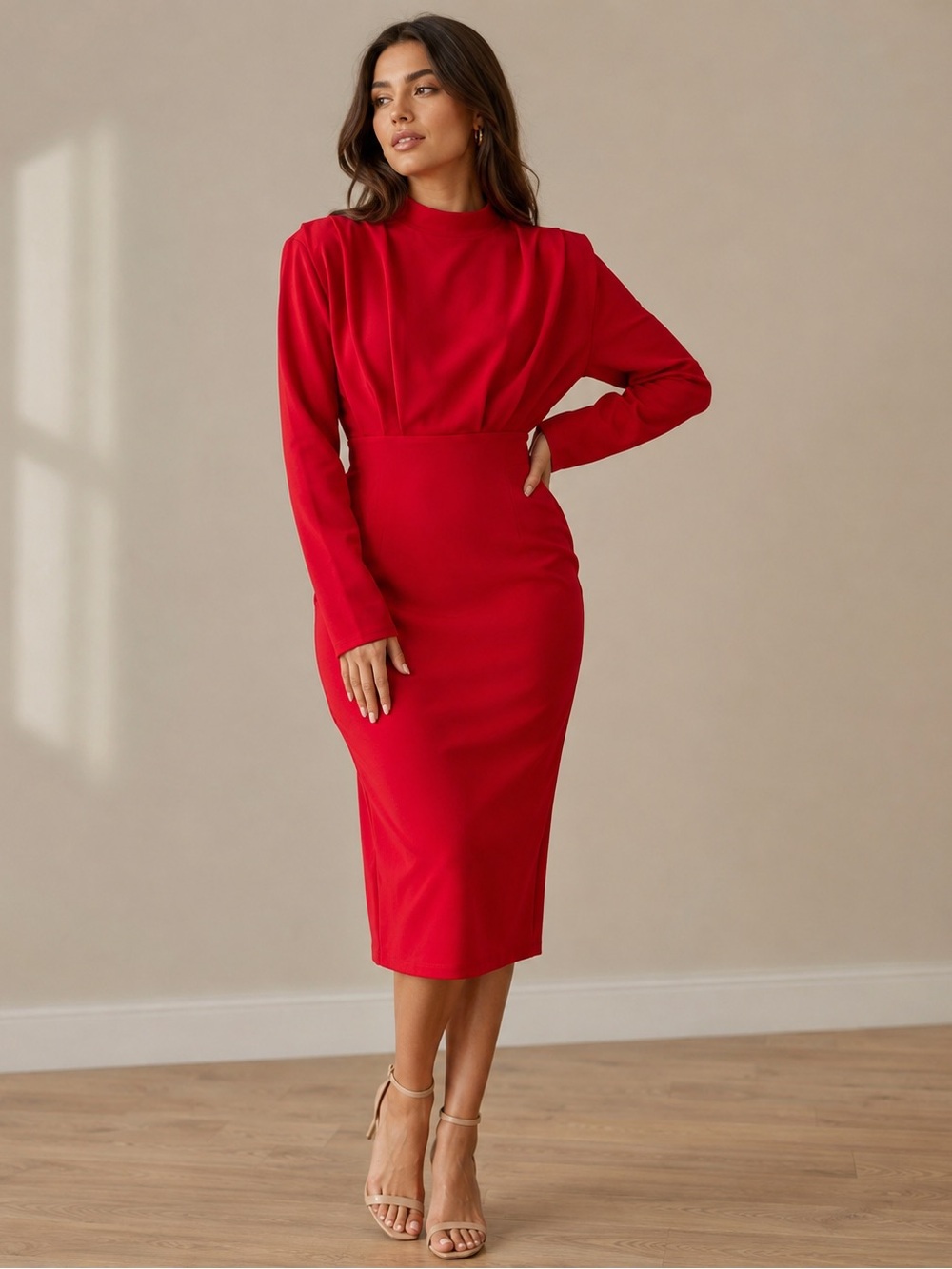Boohoo Red Long Sleeve Midi Bodycon Dress